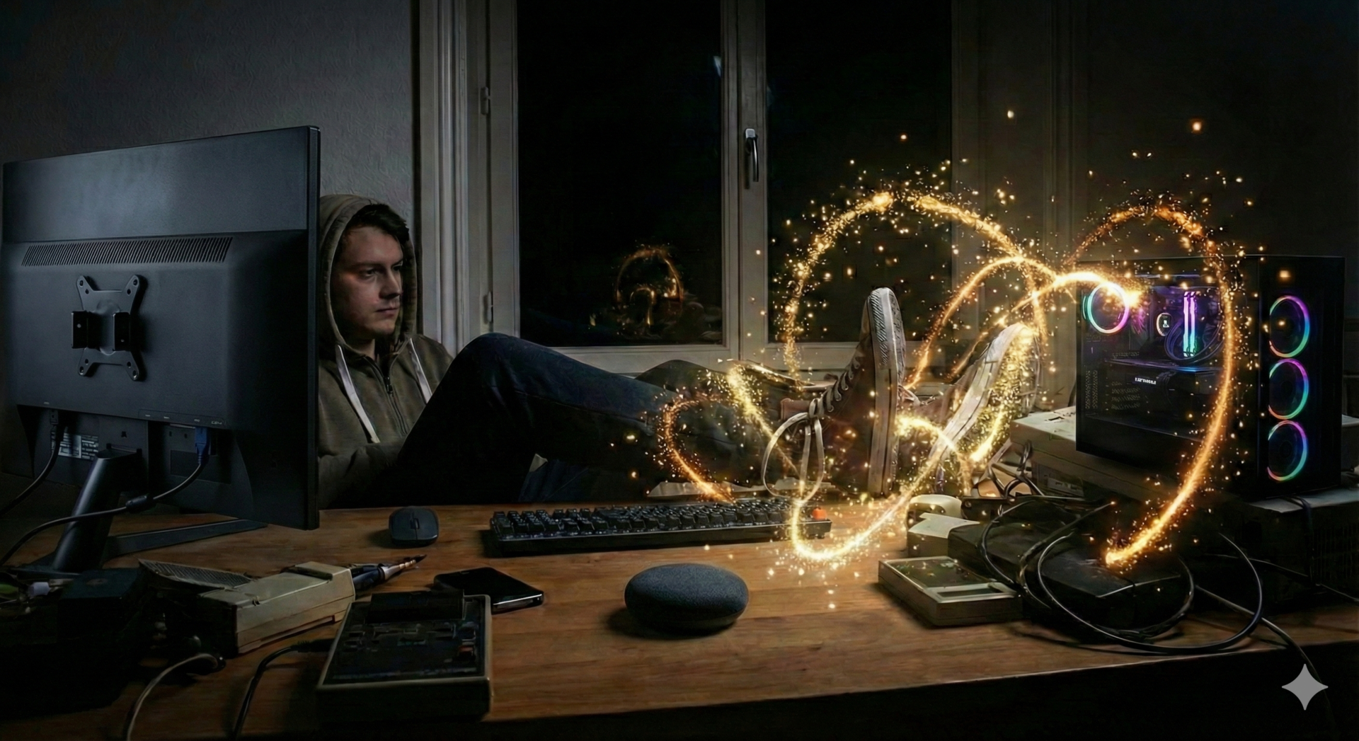 stuck man getting inspiration from SpreeSparks radiating out of his computer