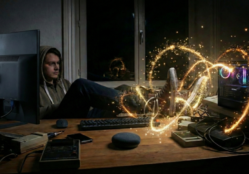 stuck man getting inspiration from SpreeSparks radiating out of his computer